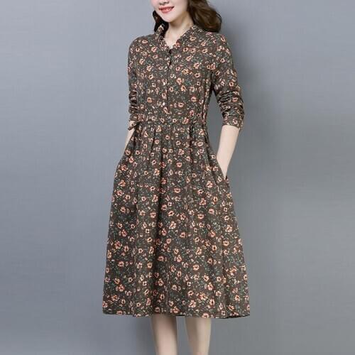 Plus Size Cotton Linen Dress Women Autumn Casual Dresses New 2020 Vintage Floral Print Female Knee-length A-line Dress P1293