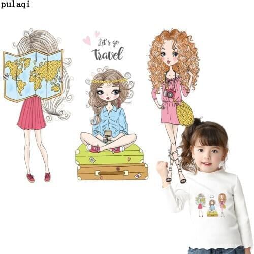 Pulaqi Lovely Girls Patches Ironing Sticker Heat Transfers Vinyl Thermal Iron on Transfer For Clothes For Kid Clothes Badges DIY