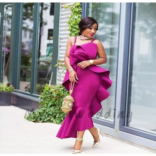Plus Size African Spaghetti Straps Prom Dresses 2020 Magenta Tea Length Short Women Party Dress Silk Satin Elegant Evening Dress