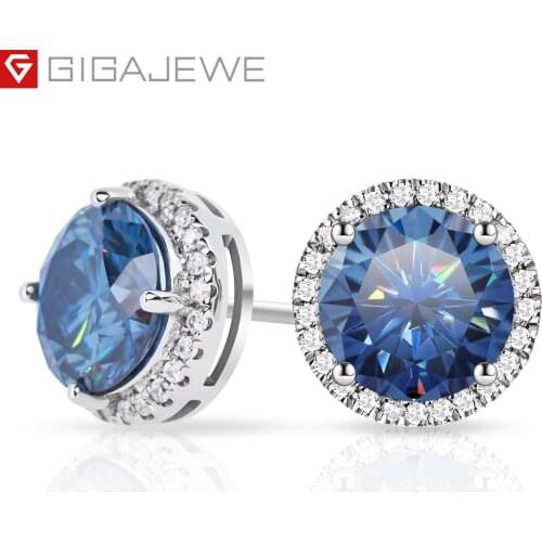 GIGAJEWE 1.0ctX2pcs 6.5mm Moissanite Bule Color VVS1 Round Cut Customized 18K Gold Circle Stud Earrings Jewelry Woman Girl Gift