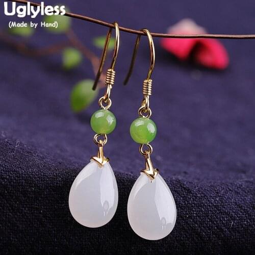 Uglyless Minimalism Gemstones Earrings for Women Natural Jade Jasper Water Drop Earrings Real 925 Sterling Silver Brincos E1908