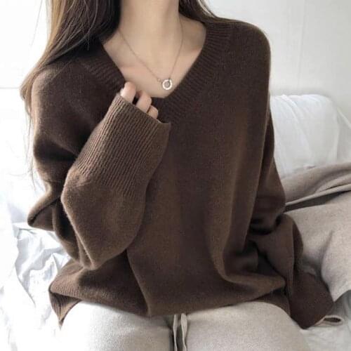 V-neck Sweater Autumn And Winter Korean Loose Pullover Solid Color Harajuku Style Casual Base Jersey Mujer Em