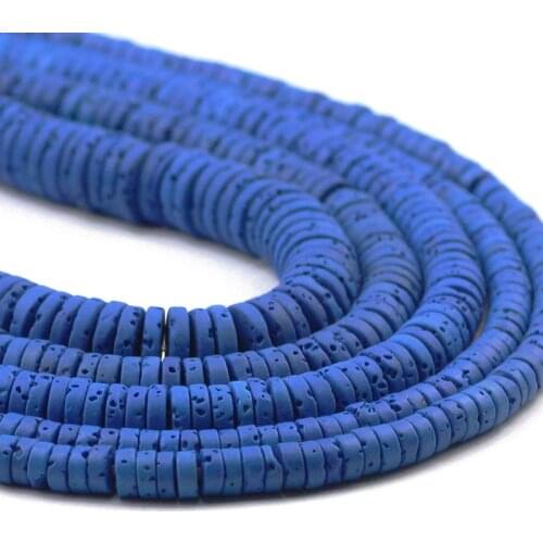 Dark Blue Volcanic rock Beads Flat Round Lava Natural Stone 4 6 8mm Charms Spacer loose Beads for Jewelry Making Bracelet DIY