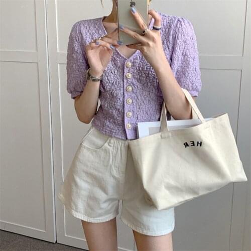 Pearls Buttons Summer T-Shirts Pleated V-Neck Casual Purple White Korean Office Shirts Tops Sexy Elegant Luxury Lady Wear