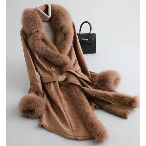 Winter Coat Women Double Faced Real Rabbit Fur Coat Female Fox Fur Collar Real Leather Jackets for Women Clothes 2020 MY