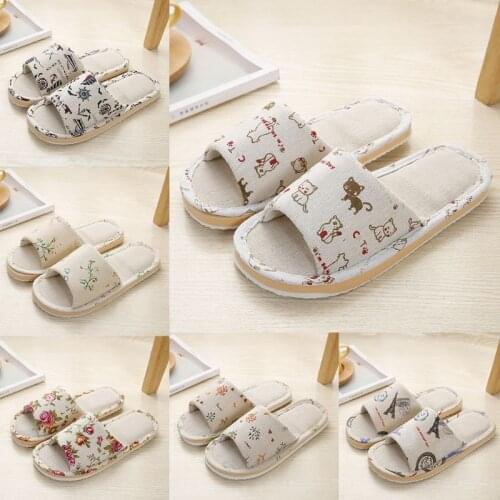 Women Men Cotton Linen Open Toe House Slippers Floral Iron Tower Print Indoor Comfort Slip-On Slide Anti Slip Shoes