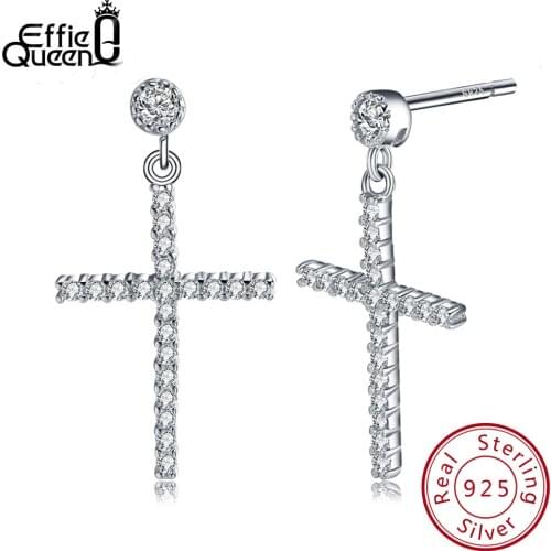 Effie Queen Pure Sterling Silver Zircon Earring for Women Real 925 Sterling Silver Big Cross Drop Earrings Fashion Jewelry BE37