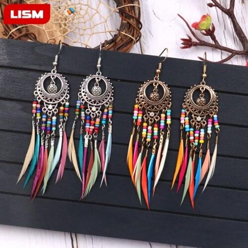 2019 Golden Silver Color Vintage Ethnic Rainbow beads Feather Dangle Drop Earrings for Women Female Boho Jewelry Accessories