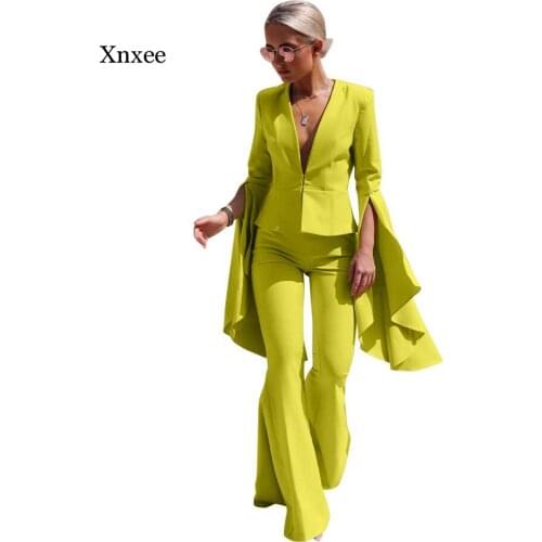 Two Piece Set Top And Pants Women Flare Sleeve Plunge V-neck Blazer High Waist Bodycon Skinny Wide Leg Pants Elegant Suit yellow