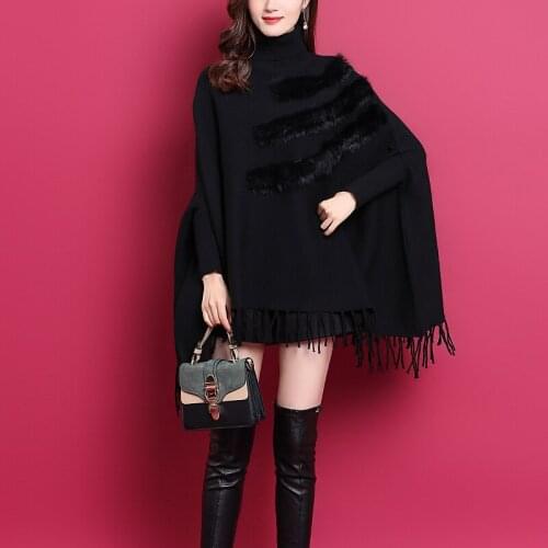 ZJZLL New Wholesale Turtleneck Crochet Plus Size Women Sweater Coat Knit Poncho Pullover Cloak Winter Warm Rabbit Fur Cape Coat