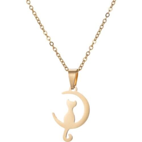 AsJerlya Collier Homme Stainless Steel Necklace Women Cute Cat Moon Wave Necklaces & Pendants Hip Hop Jewelry Gifts