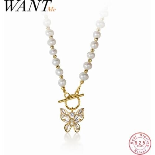 WANTME Genuine 925 Sterling Silver Jewelry Natural Baroque Pearl Romantic Sweet Butterfly Pendant Clavicle Necklace for Women