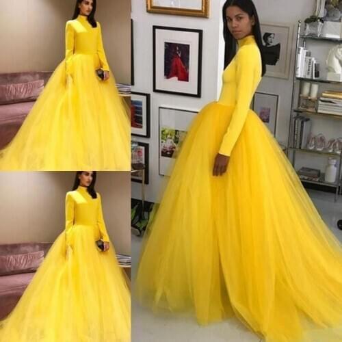 2021 Bright Yellow Tulle Prom Dresses High Collar Simple Long Sleeves Evening Gowns Zipper Back Cheap Bride Vestidos De Novia