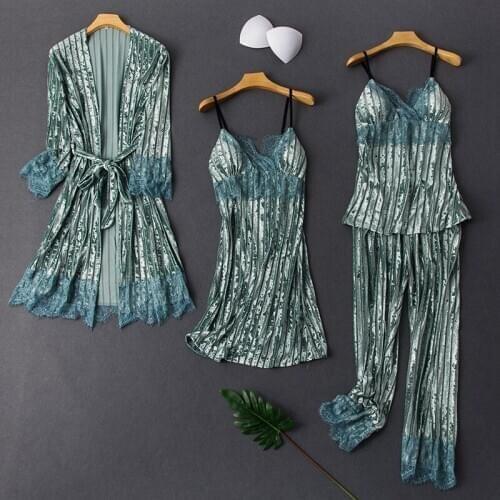 Winter Gold Velvet Pajamas Set for Women Soft Keep Warm Sexy Sleepwear 4Pcs Nightgown Bath Robe Lingerie Suit Ladies Homewear