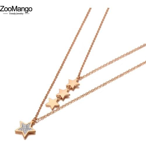 ZooMango Bohemia Double Layer CZ Crystal Star Charm Pendant Necklaces For Women Stainless Steel Summer Choker Necklace ZN20163