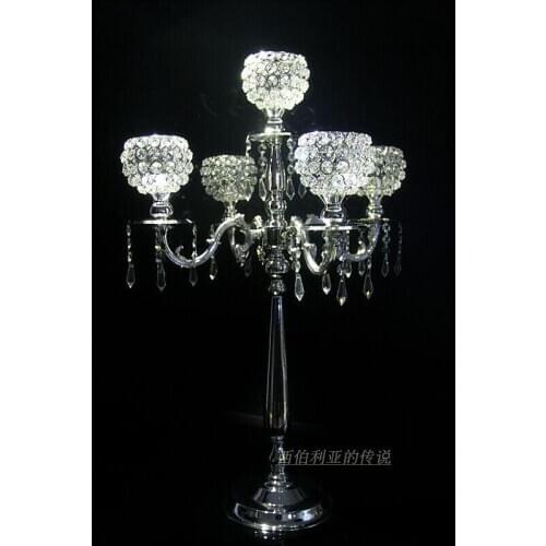 1set/4pieces H76cm 5branch silver floor wedding candelabra candelabrum candlestickcrystal candle holder with crystal ball ZT027