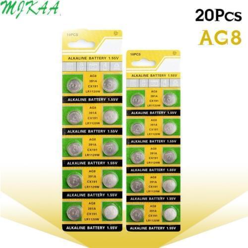 20pcs/pack AG8 LR1120 391 SR1120 LR55 1.55V LR1120W CX191 Button Batteries Cell Coin Alkaline Battery For Watch Toys Remote