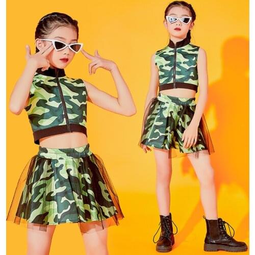 2021 Children Modern Dance Hip Hop Dancing Clothes Girls Camouflage Outfits Jazz Street Dance Costumes Kids Rave Clothes DQS6917