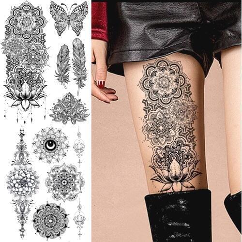 Large Black Henna Arm Tattoos Legs Bracelet India Mandala Flower Temporary Tattoo Mehndi Women Body Stickers Big Sexy Tattoo Art