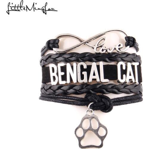 Little MingLou Infinity love BENGAL CAT Bracelet pet paw Charm leather wrap men bracelets & bangles for Women jewelry