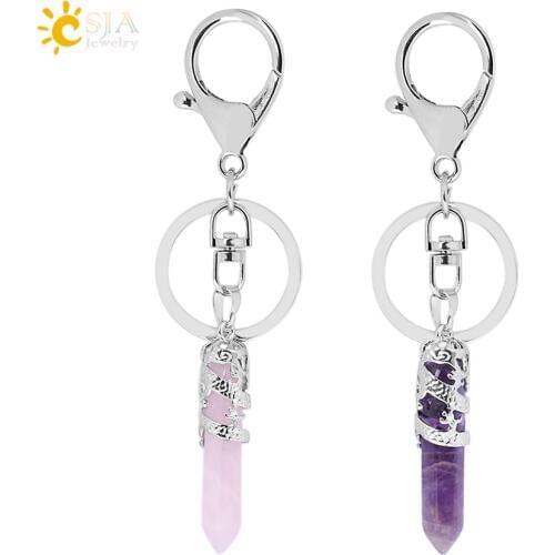 CSJA Natural Gem Stone Keychains Hexagonal Prism Point Pendant Lapis Lazuli White Crystal Opal for DIY Car Key Rings Chains E824