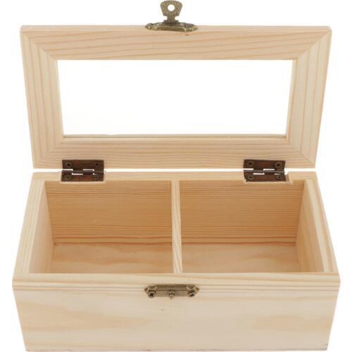 2 Grids Unfinished Wood Classic Box with Glass Top Lid for Arts, Crafts, Hobbies and Home Storage