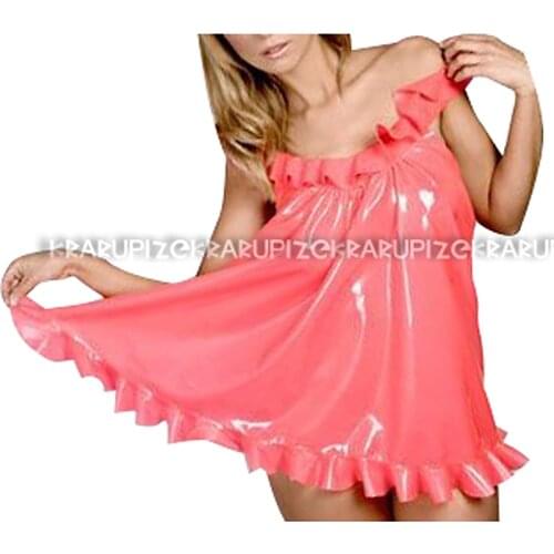 Baby Pink Sexy Latex Pajamas With Ruffles Rubber Nightgown Top LYQ-0184