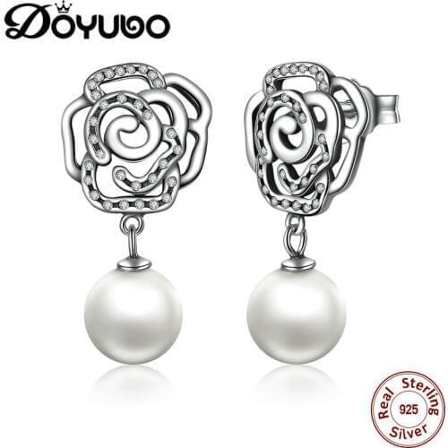 DOYUBO Unique Silver Flower Shape Dangle Earrings For Women 925 Sterling Silver 8MM Simulated Pearl Earrings Fine Jewlery AFF005