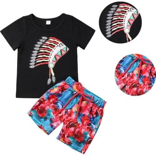Infant Baby Clothing Suits Ethnic Print Black Tee T-shirt Tops Floral Colorful Shorts 2pcs Bebe Clothes Sets
