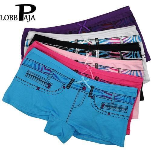LOBBPAJA Pack 6 PCS Underwear Women Cotton Boxers Briefs Shorts Denim Printed Ladies Girls Panties Boyshort Knickers M L XL