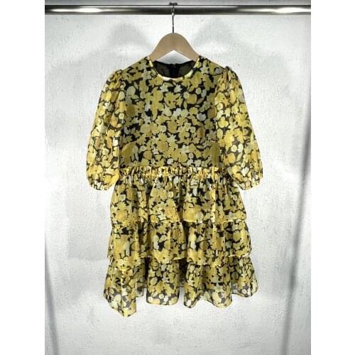 Fashion 2021 new ladies bubble sleeve round neck print short cake dress 0308