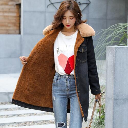 New Hot Black Denim Jacket Plus velvet thicken Faux Fur Denim Jacket Fashion Lamb Woman Jacket Oversize Windbreaker Warm Coat