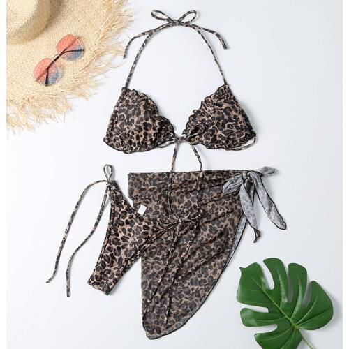 2021 European and American New Style Split Printing Mesh Three-piece Swimsuit Fashionable Beach Bikini High Waist Sexy Swimsuit