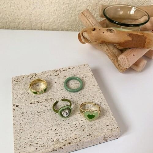 Origin Summer Korean Fashion Avocado Green Love Heart Ring for Women Textured Rhinestone Open Metallic Index Finger Ring Jewelry