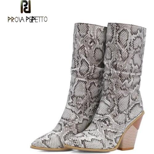 Autumn and Winter New Pointed Thick Heel Stitching Boots Snake Print Wrinkled Retro British Style High-heeled Martin Boots