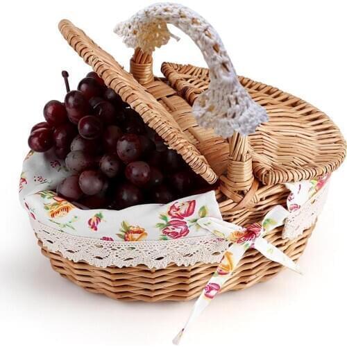Oval Double Lidded Wicker Linen Floral Picnic Storage Basket Holiday Camping Use Home Decor