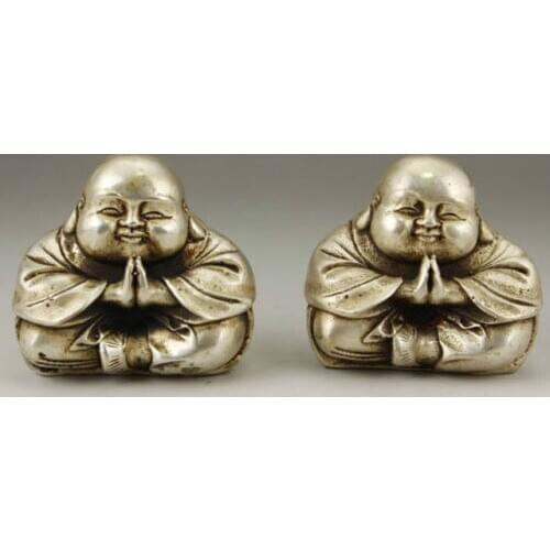 A Pair of Chinese Old White Copper Handwork Carving Favorite Buddha Monk Statues