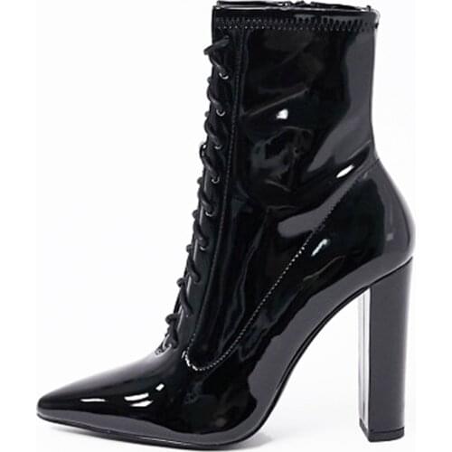 Sexy Pointed Toe Lace Up Black Patent Leather Boots High Chunky Heel Sexy Short Booty Winter Boots Ankle High Big Size 46