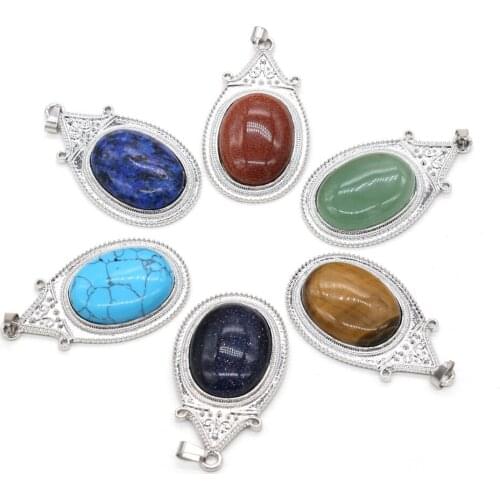 Natural stone Pendant Tiger Eye Stone Metal Alloy Egg shape Exquisite charms For jewelry making DIY Necklace accessories 32x57mm