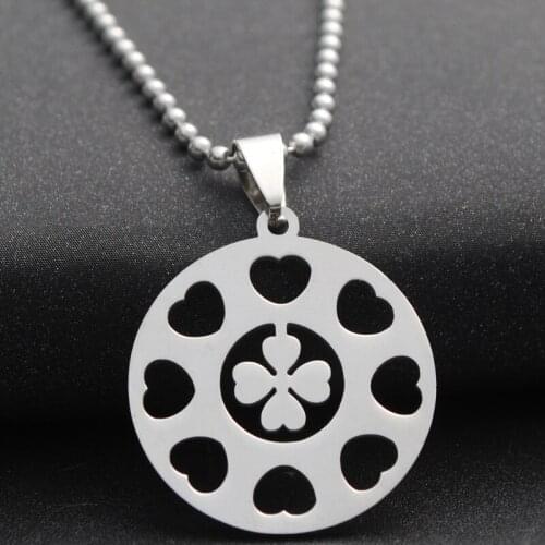 Stainless Steel Round Heart Shape Love Heart Lucky Plant Clover Amulet Multiple Love Grass Lovers Pendant Necklace Jewelry