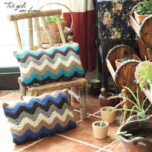 Retro Handmade Crochet Wave Mediterranean Bolster Sofa Ldyllic Ocean Back Cushion Auto Parts Traits Girdle Decor Pillow Prop 50
