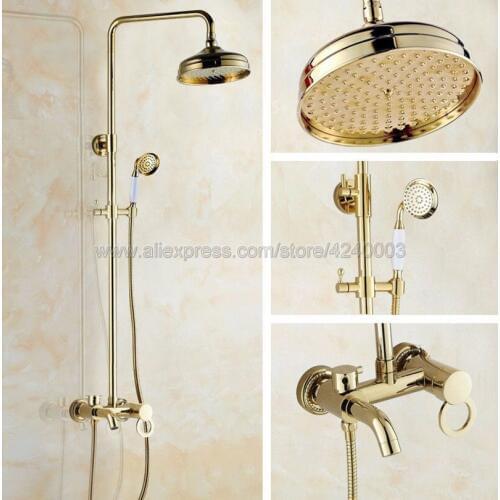 Luxury Gold Color Brass Bathroom Shower Faucet Set Tub Mixer Tap Hand Shower Wall Mounted Kgf411