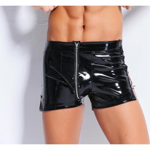 Sexy Lingerie Mens Pencil Pants PVC Stretch Male Gays Stripper Clubwear Zipper Short Trousers X6620
