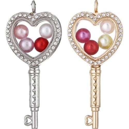 Heart Key Living Memory Floating Locket Pendant Glass Locket Family Geometry Locket Pearl Cage Rhinestone Pendant