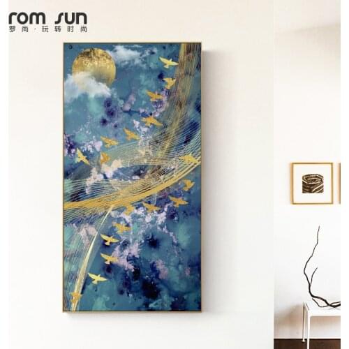 Modern Abstract Landscape Canvas Painting Golden Sun Bird Poster Print Wall Art Pictures For Living Room Nordic Home Decor