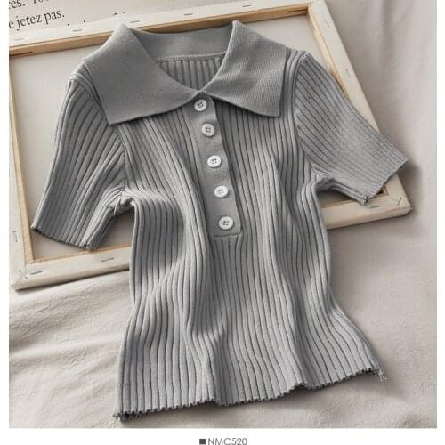 Ribbed Women Knitted Buttons Cropped Sweater Vintage Stretchy Slim top Tees Shirts Knitting Polo Shirt Short Sleeve Thin y2k top