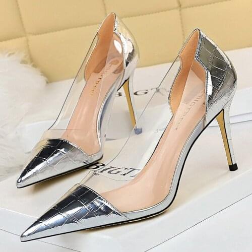 Shoes Women Pumps Heels Transparent PVC Heels Ladies Metal Belt Buckle Pumps Shoes Sexy Stiletto High Heel Wedding Shoes