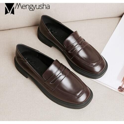 2020 Brand Shoes Ladies Solid Leather Flats Woman Oxford Square Toe Slip On Loafers Students Derby Bullock Women Sewing Moccasin