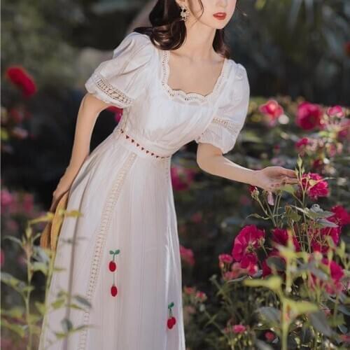 Spring/Autumn French Courtly Style Vintage Literary Girl Sweet Dress Harajuku Preppy Gentle Fairy Cherry Dress Woman Midi Dress