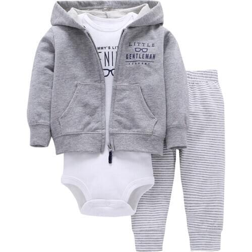 Baby boy spring clothes gray Long sleeve jackets+romper+stripe pants cotton clothes set for newborn 0-24m baby girl costume